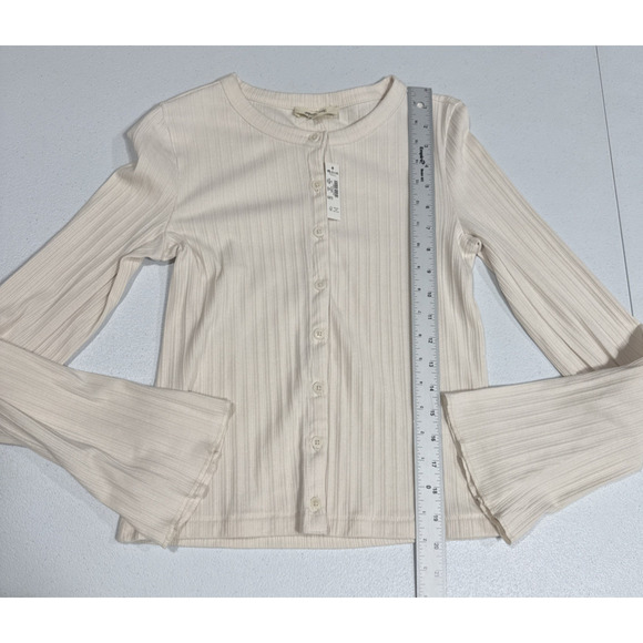 Madewell Flared-Sleeve Cardigan Sweater Top XS Beige Button Up Crew Neck Ribbed - Picture 12 of 14